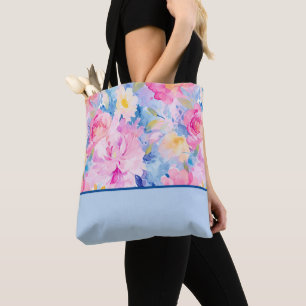 Bolsa Tote Bloco de cor Flores de Aquarela, cor-de-rosa, Abst