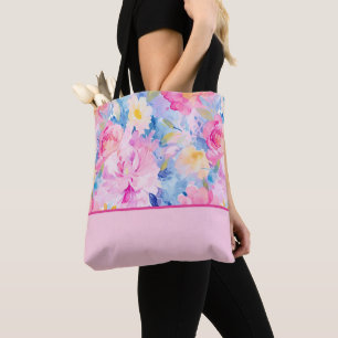 Bolsa Tote Bloco de cores das flores Abstrato de aquarela azu