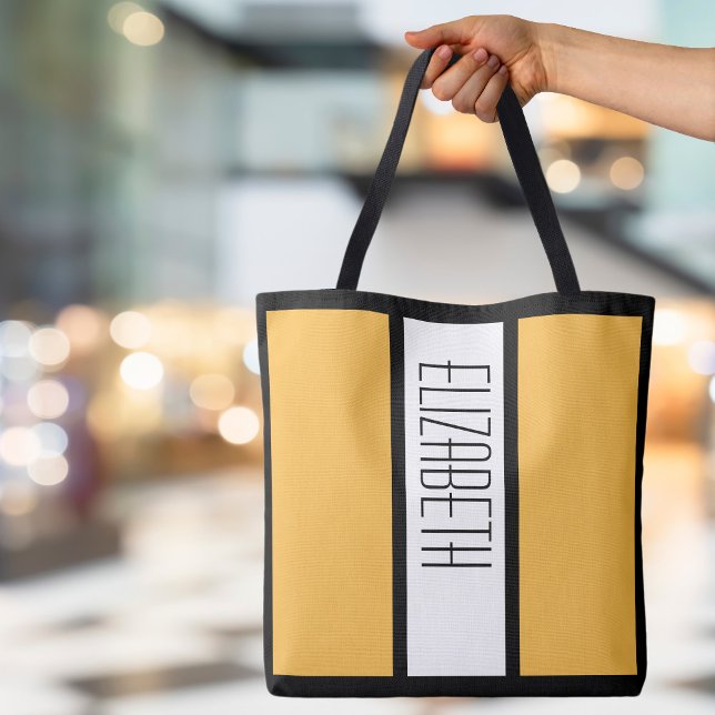Bolsa Tote Bloco de Cores Moderno Monograma Personalizado Ama (Modern Color Block Personalized Monogrammed Name Yellow, Black & White Tote Canvas Shopping Tote Bag)