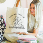 Bolsa Tote Blooming Floral Book Personalizado Club<br><div class="desc">Este belo design personalizável para amantes de livros, livrarias, autores, escritores, amigos do clube de livros ou leitores ávidos apresenta uma ilustração desenhada de um livro aberto capa dura com flores, folhas e estrelas florescendo da coluna. Personalize com uma linha de texto personalizado curvada por cima; perfeita para o nome...</div>