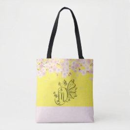 Bolsa Tote Blooms e borboletas: Monograma Amarelo - M