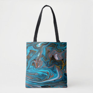 Bolsa Tote Blue and gold marbling pattern. Golden marble liqu