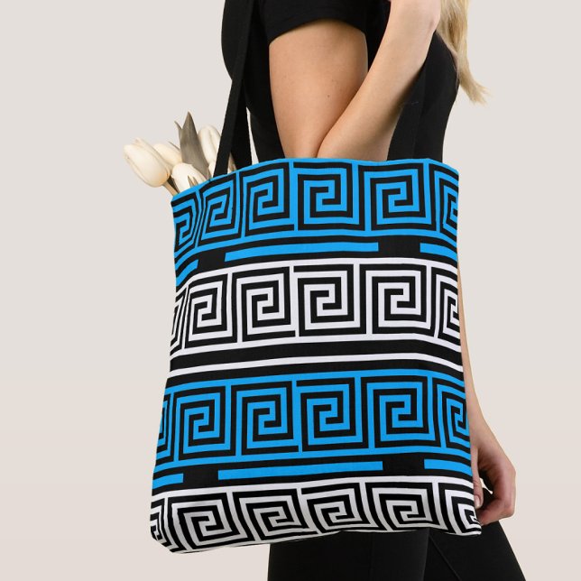 Bolsa Tote Blue Black White Greek Key Fret Pattern Design  (Criador carregado)