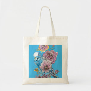 Bolsa Tote Blue Budget Budgerigar Rosa Watercolor Arte floral