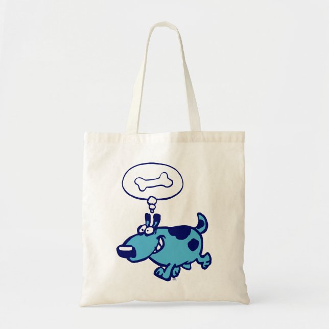 Bolsa Tote Blue Cartoon Dog pensando em osso (Frente)