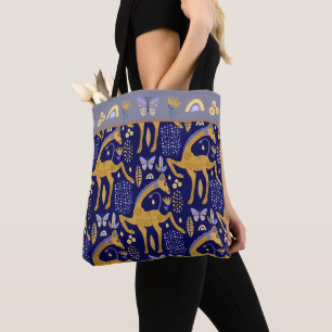 Bolsa Tote Blue Dourado Giraffe Boho Patterno
