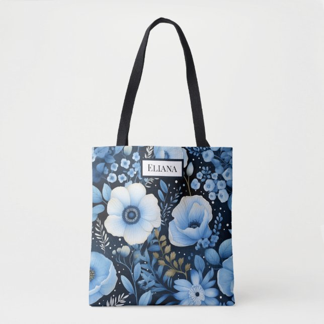 Bolsa Tote Blue Flowers Watercolor com seu nome | (Frente)