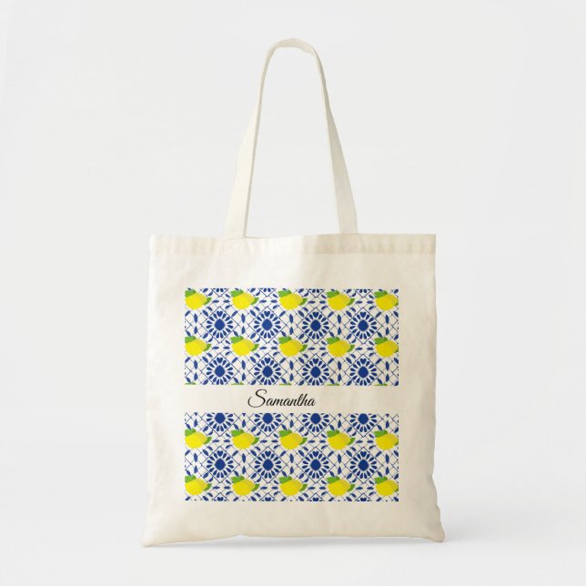 Bolsa Tote Blue Geometric Lemon Tile (Frente)