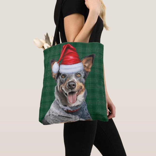 Bolsa Tote Blue Heeler Cattl Christmas Dog Seasonal Plaid (Close Up)