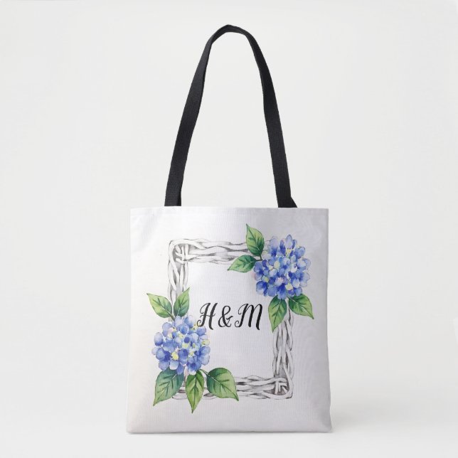 Bolsa Tote Blue Hydrangea Border Customized (Frente)