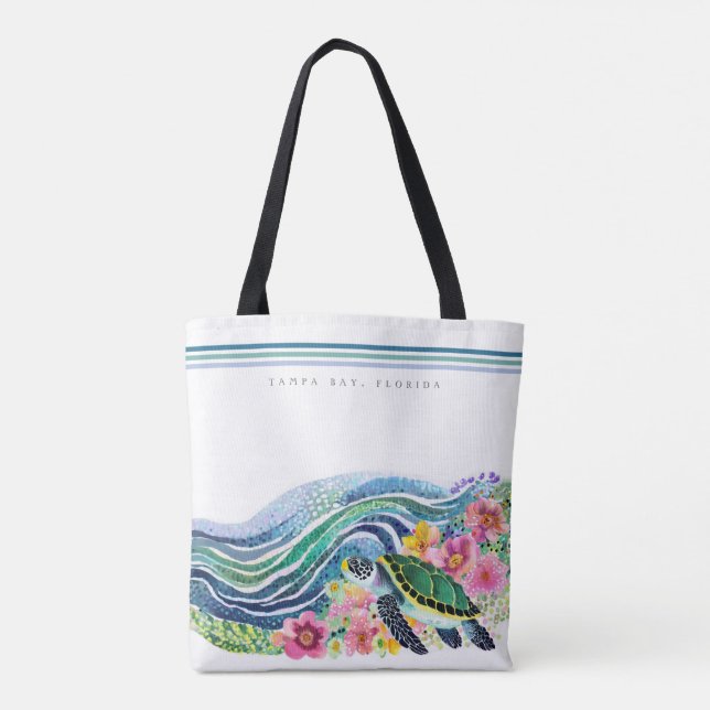 Bolsa Tote Blue Marine Happy Turtle & Waves Personalizado (Verso)