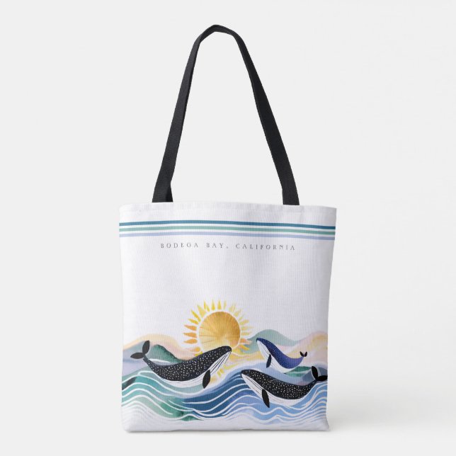 Bolsa Tote Blue Marine Happy Whales & Waves Personalizado (Verso)