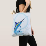 Bolsa Tote Blue Marlin Jumping out of Ocean<br><div class="desc">Realistic illustration of a beautiful Marlin Fish Ocean Animal jumping out of ocean. Vector Art copyright BluedarkArt TheChameleonArt.</div>
