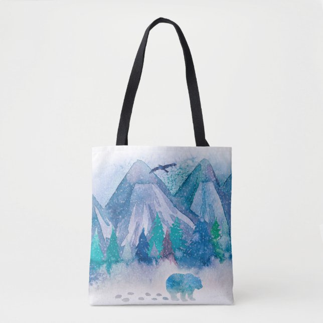 Bolsa Tote Blue Watercolor Winter Mountain Landscape Art (Frente)