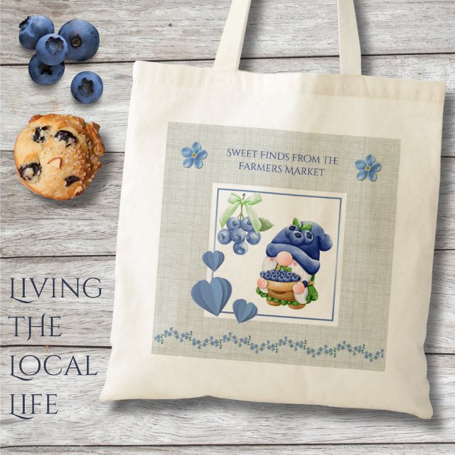 Bolsa Tote Blue Whimsical Gnome Blueberry Farmers Market (Grab this charming gnome tote and make your next market haul the sweetest one yet!)