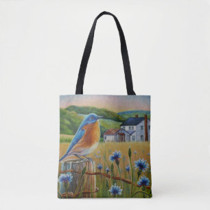 Bolsa Tote Bluebird Cornflower Summer Fazenda Watercolor Art