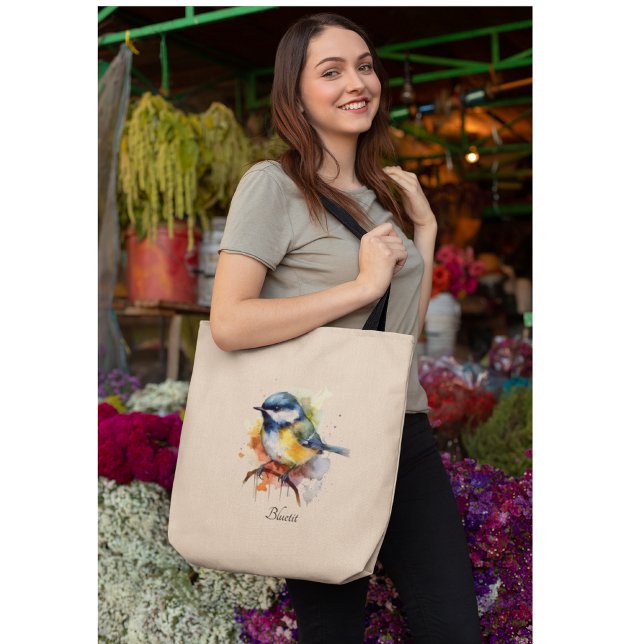 Bolsa Tote Bluetit bonito em uma ramificação, personalizado (Criador carregado)