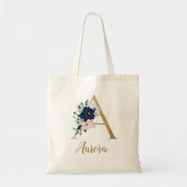 Bolsa Tote Blush Floral Azul Marinho Letra A Dourada