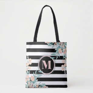 Bolsa Tote Blush Floral em Monograma de Stripe Preta e Branca
