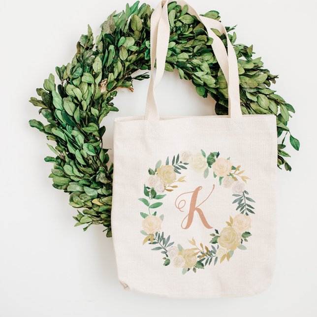 Bolsa Tote Blush Greenery Floral Wreath Bridesmaid inicial (Criador carregado)