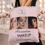 Bolsa Tote Blush Pink Script Logo Photo Makeup Studio<br><div class="desc">Makeup Studio Swag Bag - Blush Pink Black Script Font Your Logo Here 3 Photo Makeup Business Customer loyalty bag with name and social media handle.</div>
