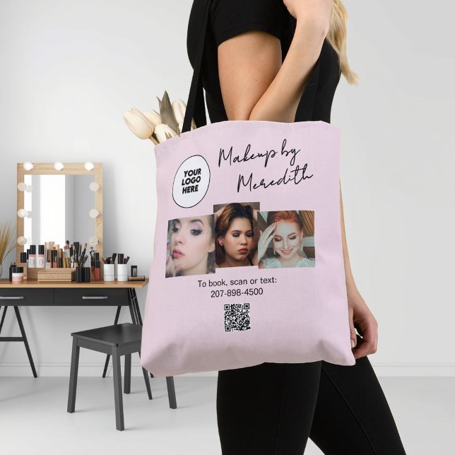 Bolsa Tote Blush Pink Script Logo QR Code Photo Makeup (Criador carregado)