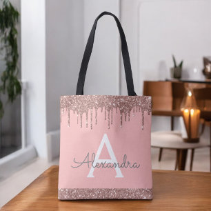 Bolsa Tote Blush Rosa Dourado Brilho Monograma Elegante