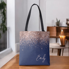 Bolsa Tote Blush Rosa Dourado Rosa Azul Marinho Brilho Monogr