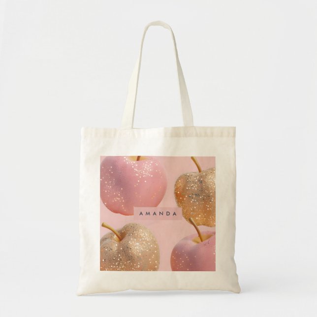 Bolsa Tote Blush Rosa Personalizado e Apple com Purpurina Dou (Frente)