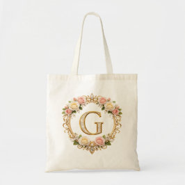 Bolsa Tote Blush Rose Gold Floral Monogram Letter G Wedding
