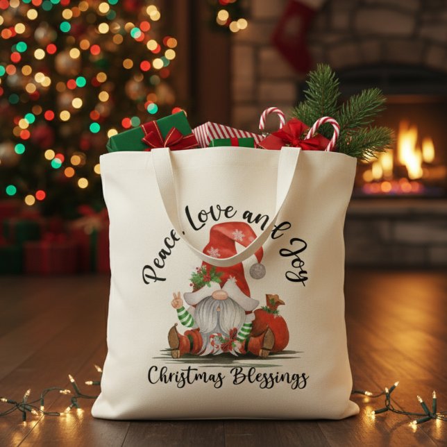 Bolsa Tote Boas Bênçãos de Natal para Paz, Amor e Joy (Peace, Love & Joy Christmas Gnome Blessings Tote Bag)