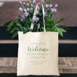 Bolsa Tote Boas-vindas ao casamento elegante favorece Sage Gr<br><div class="desc">Um clássico e elegante saco de favoritos para convidados de casamento apresenta um design de chic em verde-sábio rústico num fundo transparente que mostra o material de fundo e a cor natural. Este design moderno simples fornece sofisticação eterno e clássica. Personalize os nomes do casal e da data do evento...</div>