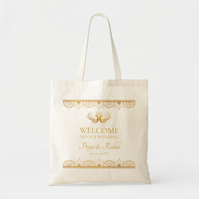 Bolsa Tote Boas-vindas ao Casamento Índio com Padrão Dourado  (Frente)