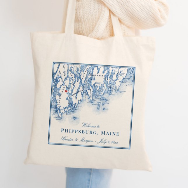 Bolsa Tote Boas-vindas ao Mapa Elegante do Phippsburg Maine (These Phippsburg Maine Map wedding welcome tote bags are perfect for your 1774 Inn wedding)