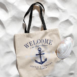 Bolsa Tote Boas-vindas personalizadas da âncora do estilo náu<br><div class="desc">Um conjunto único de sacos de tote personalizados, adaptados ao seu estilo de praia ou ao seu casamento de destino. Apresenta um texto de boas-vindas seguido do nome do local ou da pessoa que recebe o saco. Sob isso, há uma âncora de estilo de vintage no marinho de cores. Todos...</div>