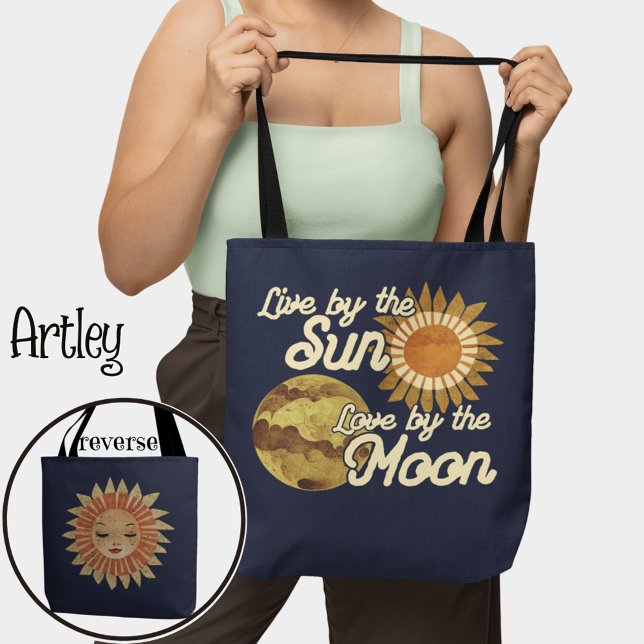 Bolsa Tote Bohemian Boho Folk Art Moon Sun Celestial Marinho (Criador carregado)