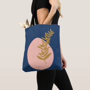 Bolsa Tote Boho Abstrato de Arte Botânica Rosa Azul Dourado