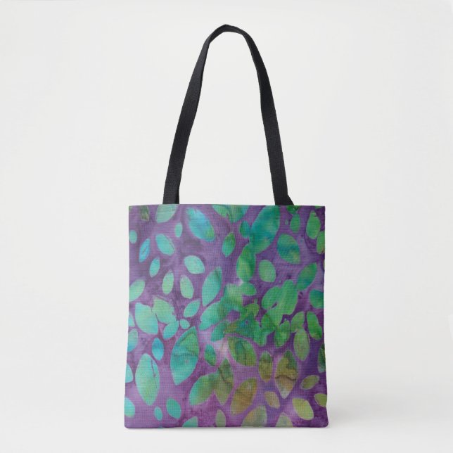 Bolsa Tote Boho Batik Roxo Verde Padrão Folha Abstrato (Frente)