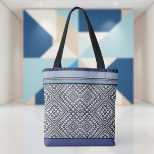 Bolsa Tote Boho Bege, Preto, Azul Inspirado Tribal