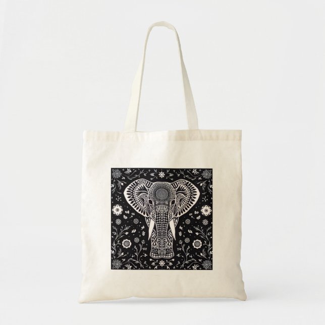 Bolsa Tote Boho Black & White Batik Elephant (Frente)