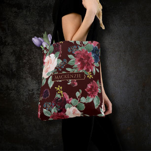 Bolsa Tote Boho Bloom Borgonha escura e monograma Marinho