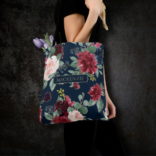 Bolsa Tote Boho Blooms   Marinho escuro Azul e Borgonha Perso