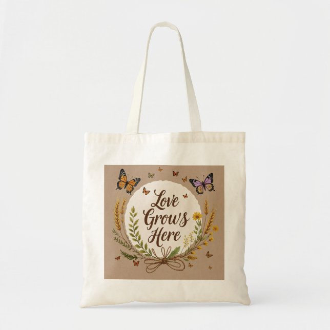 Bolsa Tote Boho Bohemian Flores, borboletas, trigo (Frente)