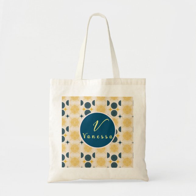 Bolsa Tote Boho Celestial Sol Lua Monograma Script  (Frente)