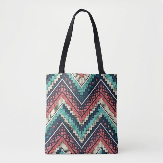 Bolsa Tote Boho Chevron Pattern | Teal, Coral e Cream Zigzag (Frente)