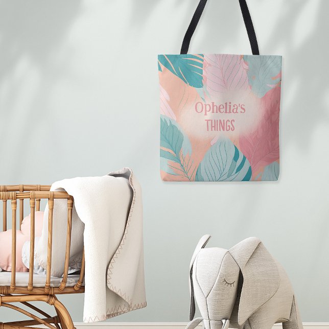 Bolsa Tote Boho Chic Coral Rosa Turquesa Deixa Nome Bebê (Criador carregado)