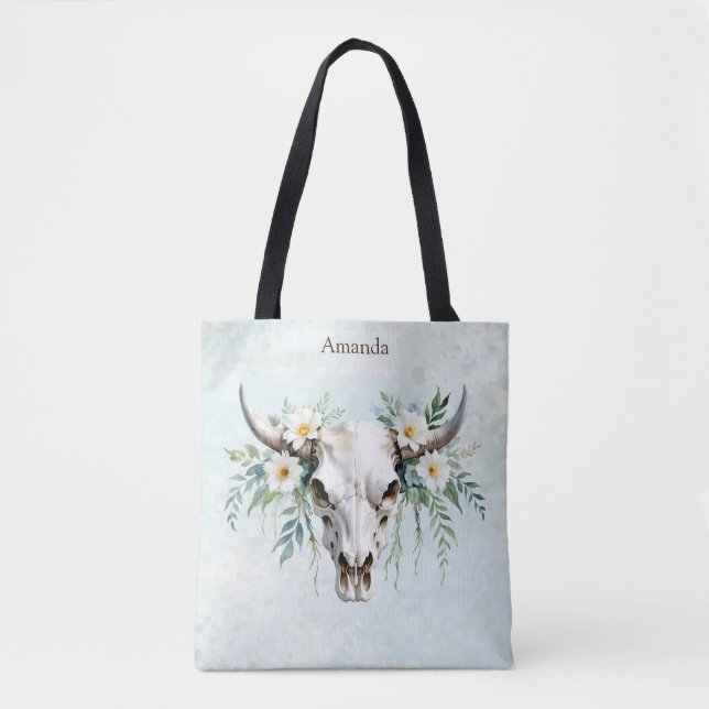 Bolsa Tote Boho Chic Watercolor Vaca Floral (Frente)