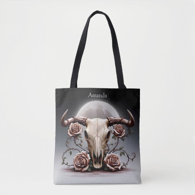 Bolsa Tote Boho Chic Watercolor Vaca Floral Romântica (Frente)