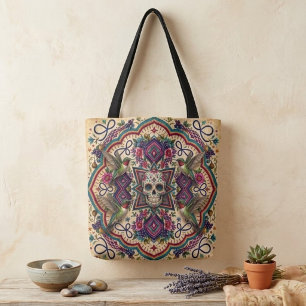 Bolsa Tote Boho Crânio de Açúcar Arte Folclórica