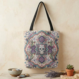 Bolsa Tote Boho Crânio de Açúcar Arte Folclórica